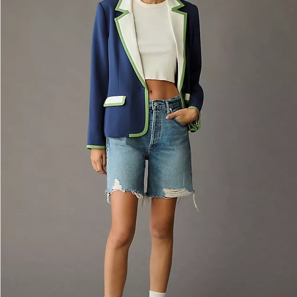 Maeve Anthropologie Navy Blazer with Lime Green Accents